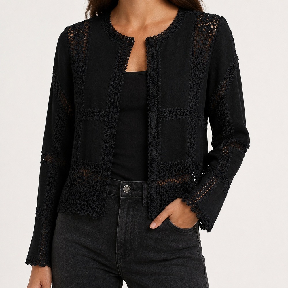 Scully Suede Leather Jacket Black Crochet Lace Patchwork Western Boho VTG Sz 10